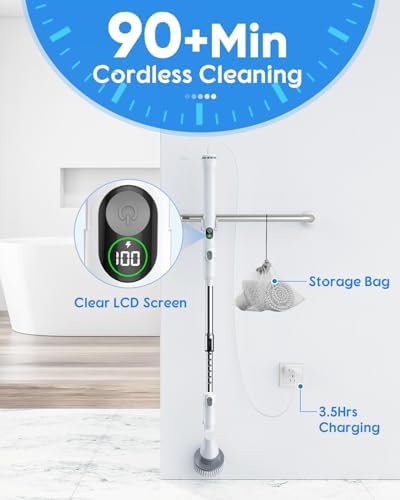 Electric Spin Scrubber with Battery Power Display, Fast-Charging Cordless Shower Scrubber with Long Handle, 4 Replaceable Brush Head, 1.5H & 2 Speeds Electric Scrubber (White)
