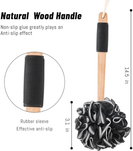 Loofah with Long Handle - Extra Large Soft PE Bath Sponge, Superior Mesh Body Scrubber for Shower with Hanging Rope - Exfoliating Back Scrubber for Shower, Suitable for Men & Women (Black)