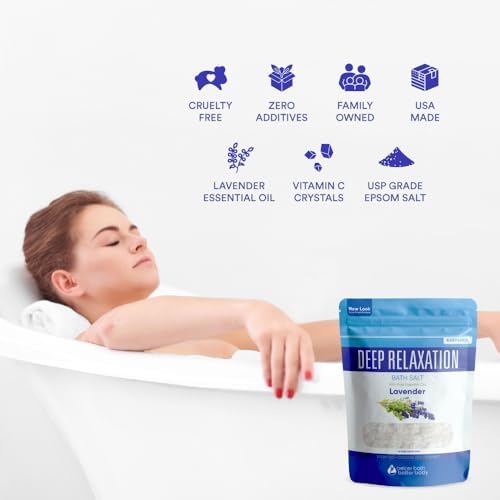 Deep Relaxation Bath Salt 32 Ounces Epsom Salt with Natural Lavender Essential Oil Plus Vitamin C in BPA Free Pouch with Easy Press-Lock Seal
