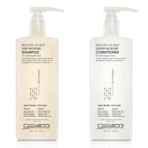 GIOVANNI HAIR CARE PRODUCTS Giovanni Smooth as Silk Deeper Moisture Shampoo & Conditioner Set, 24 Oz. Calms Frizz, Detangles, Wash & Go, Co Wash, No Parabens, Color Safe, 24 fluid_ounces