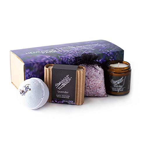 Hemlock Park Lavender Artisanal Spa Gift Box | Apothecary Candle, Shea Butter Soap, Bath Bomb, Mineral Salt Bath Soak | Handcrafted with Plant Based Ingredients