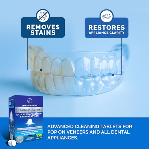 Retainer Cleaner Tablets for Invisalign FSA HSA Approved for Ultrasonic Cleaners -120 Denture Cleaning Tablets for Aligners, Night Guard, Mouth Guard - Denture Cleaner Tablets 4-Month Supply