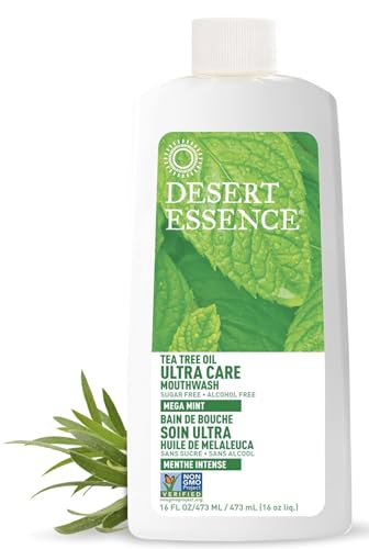 Desert Essence Natural Tea Tree Oil Ultra Care Mouthwash - Mega Mint - 16 Fl Oz - Freshens Breath - Defends Against Sugar Acids - Vitamin C - Soothes Gums - Whitening Floss - Removes Food Debris