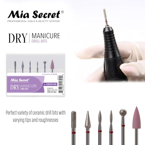 6 pcs Dry Manicure Drill Bits Set, Mia Secret DIY home and Salon nail bits for Sensitive Skin MADE IN USA