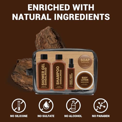Gift Sets for Men Bath and Body Mens Gifts 6pcs Sandalwood Travel Size sets with Shampoo, Shower Gel, Soap, Body Lotion, Birthday Gifts for Men, Self Care Fathers Day Gifts