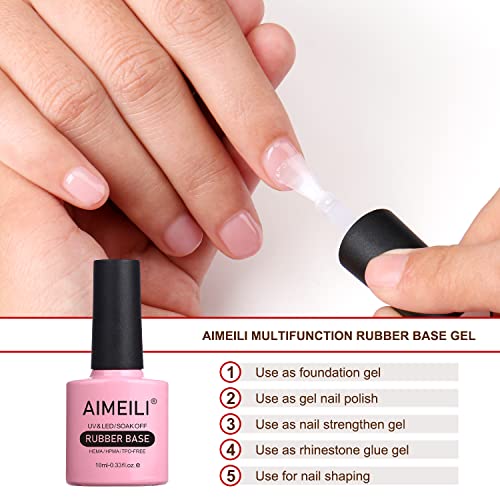 AIMEILI Hema Free Rubber Base Gel For Nails, Soak Off U V LED Clear Sheer Gel Nail Polish, 4 in 1 Nail Strengthen/Enhance/Base Coat/Color Gel Polish Set Of 6pcs X 10ml - Kit 44