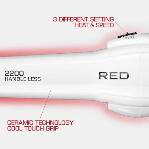 Red by KISS HandleLess Blow Dryer 2200W Ceramic Tourmaline White Color, 3 Heat Settings, Pik and Diffuser Included Comfortable Grip, Ionic for Frizz-Free Shine, Detangler & Straightening