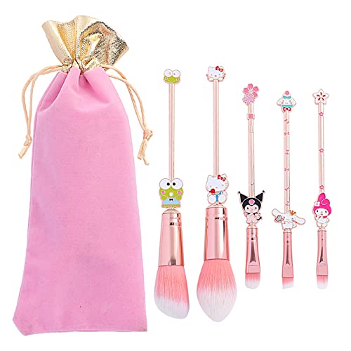 rongji jewelry Marie Cartoon Cat Makeup Brushes - 5pcs Cute Animal Designed Soft Pink Makeup Brushes Set, Professional Cosmetic Tool Kit Pink Drawstring Bag Included for Girls and Women (5PCS Kuu)