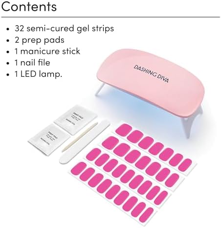 Dashing Diva Glaze Nail Starter Kit - Magenta Madness - Long Lasting, Chip Resistant, Semi-Cured Gel Nail Strips - 7-Piece Manicure Set with 32 Strips and Mini LED Lamp