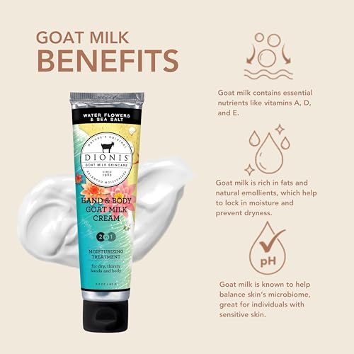 Dionis Goat Milk Skincare 3.3oz Water Flowers & Sea Salt Hand & Body Cream - Travel Size Hand Lotion For Hydrating & Moisturizing Dry Skin - Cruelty Free Cream Made In The USA - Paraben Free Formula