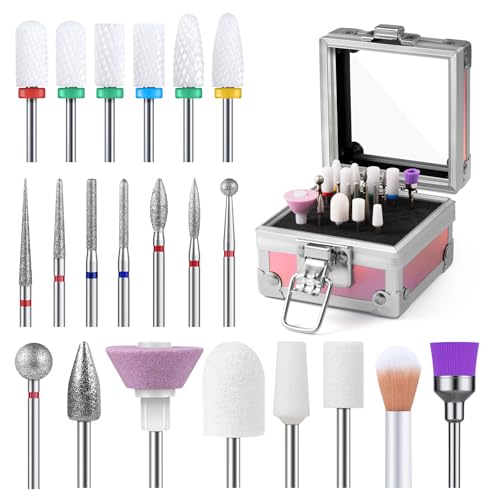 MelodySusie 21pcs Nail Drill Bit Set with Portable Holder Case, 3/32'' Ceramic Diamond Carbide Acrylic Gel Nail Art Tool Kit, Cuticle Remover Bit for Acrylic Dip Powder, Manicure Pedicure, Salon Home