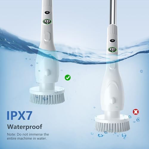 Electric Spin Scrubber, Cleaning Brush with 8 Brush Heads, IPX7 Waterproof LED Display, Adjustable Extension Handle Shower Scrubber for Bathroom Floor Tub Tile (White)