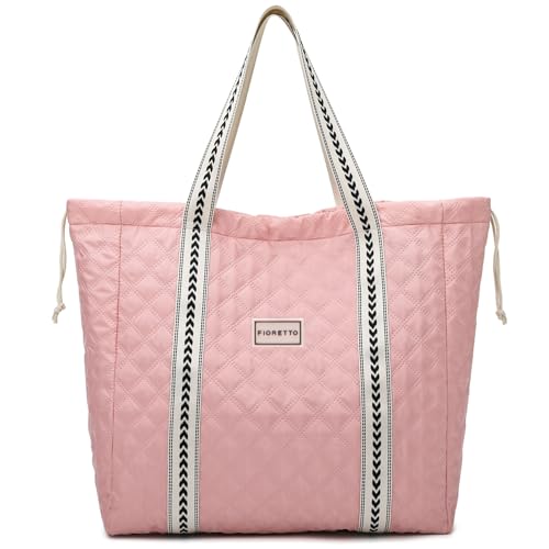 FIORETTO Womens Quilted Travel Tote Bag Duffle Bag with Trolley Sleeve, Gym Weekender Overnight Hospital Bag with Double Shoulder Strap, Water-Resistant Carry On Hand luggage Bag Holdall Pink