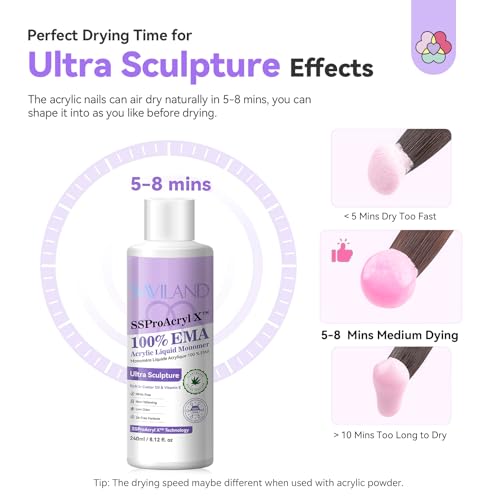 SAVILAND SSPro X Pure EMA Monomer Acrylic Nail Liquid: 240 ml Large Capacity Nail Monomer Liquid wtih 3Pcs Acrylic Nail Brushes for Nail Carving Extension Non Yellowing Home