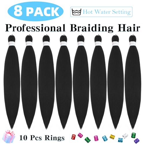 Pre Stretched Braiding Hair 20 Inch 8 Pack Long Braiding Hair Pre Stretched Hair For Braiding Hot Water Setting Soft Yaki Texture Synthetic Crochet Braids Hair For Women Girls (20Inch,1B)
