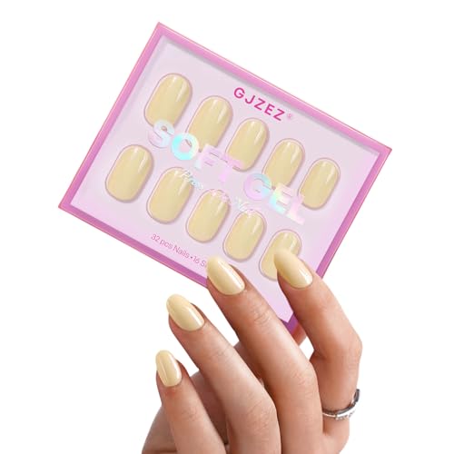 Spring Press on Nails Butter Yellow - GJZEZ Soft Gel False Nails, Short Round Manicure for Women, Salon Looking Comfort Fits Stick on Nails | 16 Sizes - 32 pcs Reusable Nail with Glue, Lemon Chiffon