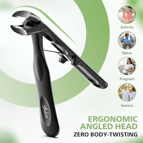 BALUCA Pro Angled Head Heavy Duty Toe Nail Clippers for Seniors & Thick Nails – Long Handle Toenail Clipper with Catcher for Arthritic Hands & Tough Toenails, Black