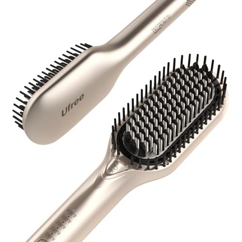 Ufree Hair Straightener Brush, 5 Temps Straightening Brush with Ionic Tech, Cool Air System, Dense Bristles, Dual Voltage, Ceramic Hot Comb for Thick Curly Hair, Women Gifts