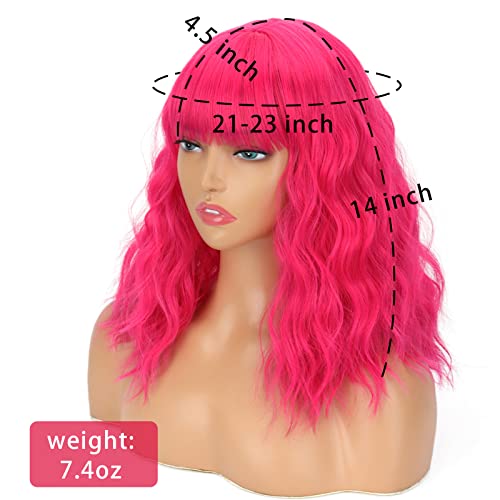 Short Pink Wigs for Women Short Wavy Hot Pink Wigs with Bangs Synthetic Curly Bob Wig Curly Shoulder Length Cosplay Wig for Women Girls
