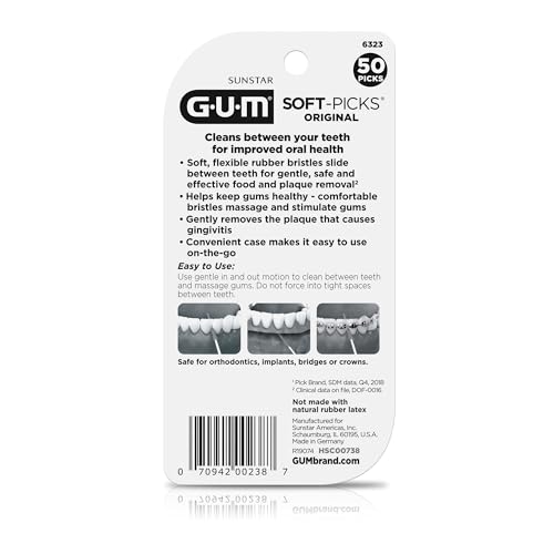 GUM Soft-Picks Original, Easy to Use Dental Picks for Teeth Cleaning and Gum Health, Disposable Interdental Brushes with Convenient Carry Case, Dentist Recommended Dental Picks, 50ct (6pk)