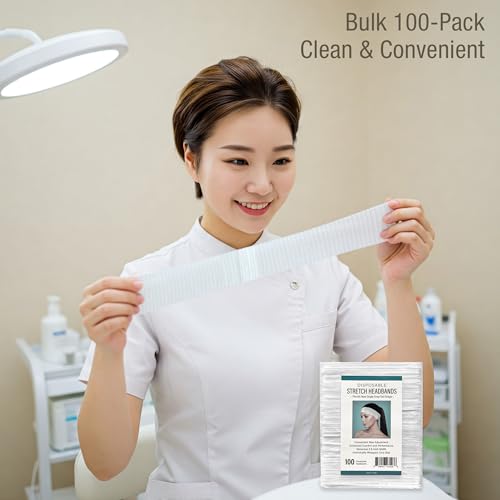 Appearus Professional Disposable Headbands with Single Snap Tab - 100 Pack Individually Wrapped Spa Headbands for Estheticians, Makeup Artists & Salon Professionals