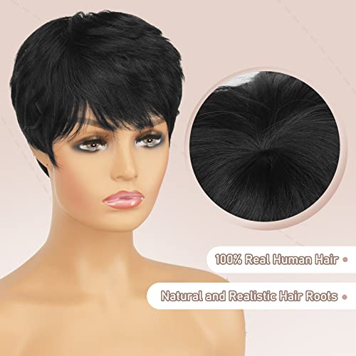RUWISS Pixie Cut Wig Human Hair Pixie Wigs for Black Women with Bangs Natural Short Black Wig Layered Wavy Different Style Short Wigs for Black Women (1B#)