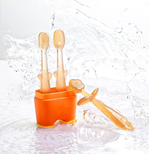 FOKiiBO Baby Silicone Toothbrush Set, Toothbrush + Tongue Brush + Baby Teether + Finger Toothbrush with Cup for Training Teething, 0-18M Infant Toddler Newborn Baby Teeth Brushes (Blue)