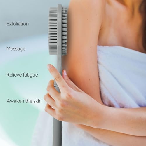 Back Scrubber for Shower, (16-24 Inch) Extendable Bath Brush Long Handle for Shower, Silicone Body Scrubber with Handle, Back Brush for Shower Men and Women,Easy to Clean (Gray)
