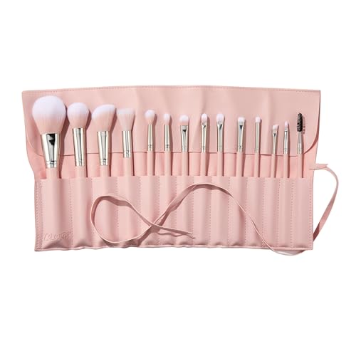 ColourPop Smoke 'N Roses Brush Roll Face & Eye Brush Set - Face & Eye Makeup Set - Made with Luxe Synthetic Vegan Bristles - Includes Holder (14 Count)