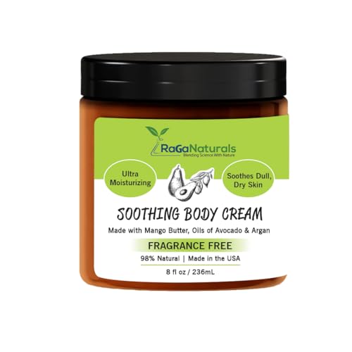 RaGaNaturals Natural Moisturizing Cream - Body & Face Moisturizer for Dry to Very Dry, Sensitive Skin - Unscented Body Cream with Vitamin E & Avocado, Argan Oil - Non-Comedogenic, Fragrance Free -8 Oz