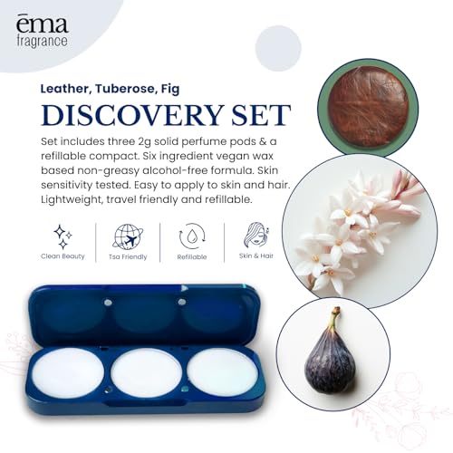Solid Perfume Discovery Set – 3 Fragrance Pods with Refillable Compact Case (Leather, Tuberose, Fig) – Vegan, Alcohol Free & All Natural Solid Cologne Perfume Balm – Travel Friendly