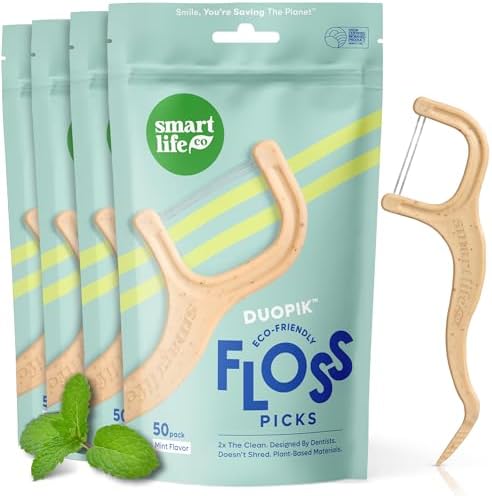 SmartLifeco Biodegradable* Dual Thread Dental Floss Picks - Thin Thread Tooth Flossers for Adults & Kids, Eco-Friendly Handle, Toothpick Soft on Gum & Teeth, Compostable* Zero Waste Vegan, 200 Mint