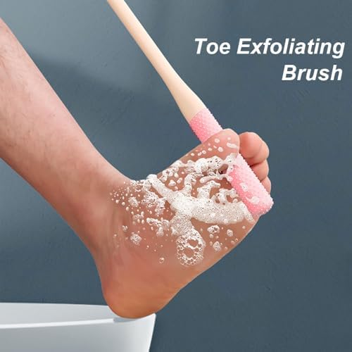 Long Handled Silicone Toe Crevice Cleaning Brush & Exfoliating Brush, 2025 New Soft Rubber Toe Cleaning Tool, Foot Scrubber Shower Feet Care for Seniors, Elderly, Men and Women (Pink)