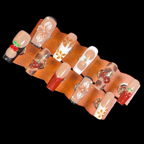 Handmade Press On Nails Square 3D Floral Cherry Blossom Leopard French Fake Nails wtih Design, Reusable Acrylic False Nails Gift Set (Cherry, S)