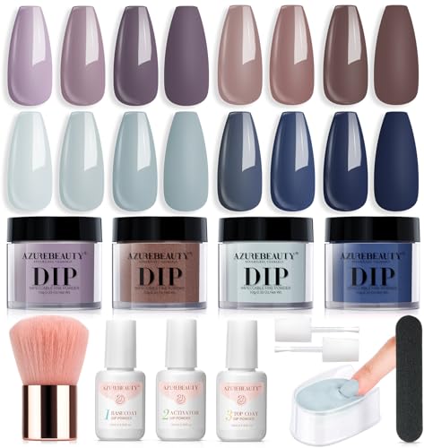 AZUREBEAUTY Dip Powder Nail Kit Starter 4 Colors Winter Blue Grey Purple Brown Dipping Powder System Liquid Set with Base & Top Coat Activator for Christmas French Nail Art Manicure Salon DIY at Home
