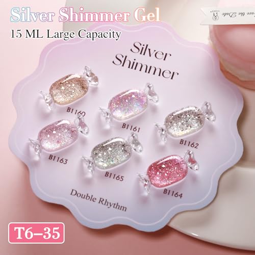 Double Rhythm 0.5 Oz Glitter Gel Polish Set of 6 Color with Display Board 15 ml Full Size Kit Shimmer Reflective Sparkle Soak Off Manicure Salon DIY at Home (Gold Silver Light Pink Rose-T6-35)