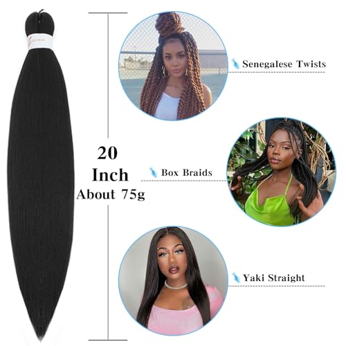 Pre Stretched Braiding Hair 20 Inch 8 Pack Long Braiding Hair Pre Stretched Hair For Braiding Hot Water Setting Soft Yaki Texture Synthetic Crochet Braids Hair For Women Girls (20Inch,1B)