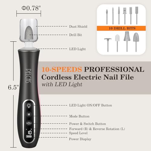 PELCAS Electric Nail Drills, Professional Cordless Nail File Kit with Light, 10 Speeds Manicure & Pedicure Kit for Human, Pet, Thick Toenails, Natural & Acrylic Nails Grey