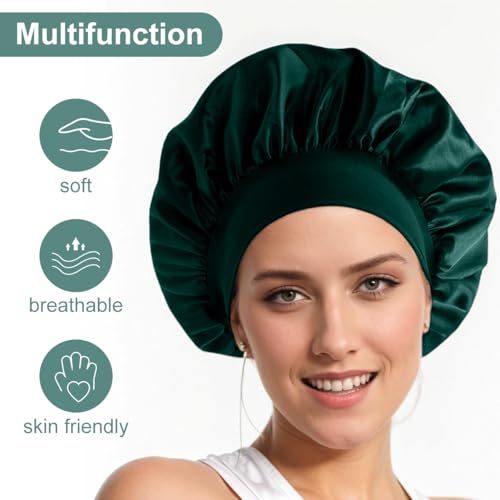8 PCS Satin Hair Bonnet for Women | Elastic and Reusable Shower Hair Caps | Satin Bonnet for Sleeping Women, Shower Caps | Double Layers Hair Cap | Environmental Protection | 11.8 Inches, Dark Green