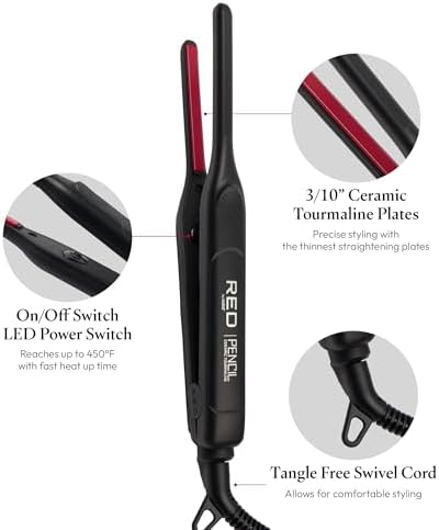 Red by Kiss Pencil Flat Iron up to 450°F Thin Small Tourmaline Ceramic Plate 0.3 inch (3/10") for Women and Men, Short to Medium Hair, Pixie Cut, Bangs, Edges.. A Travel Pouch and a Glove Included