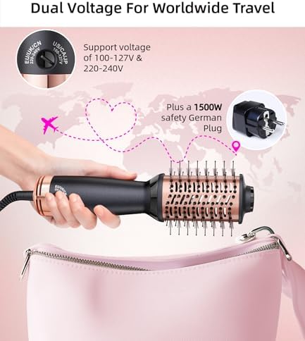 Travel Dual Voltage Hair Dryer Brush, Small Hot Air Brush for European Travel, Compact 2 Inch One Step Blowout and Volumizer Hair Blow Dryer with Oval Design, Rose Gold