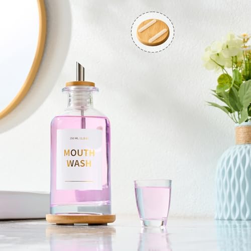Glass Mouthwash Dispenser for Bathroom, 11.8oz Mouthwash Holder with Stianless Steel Spouts, Mouthwash Decanter with Bamboo Holder, Refillable Cups, Reusable Funnel, Golden Stickers
