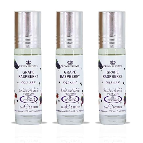 Al-Rehab Grape Raspberry Arabian Perfume Oils for Women 6ML (0.2 OZ) (Pack of 3) Fragrance Oil - Fruity, Floral & Sweet Concentrated Perfume Oil - Long-Lasting, Vibrant and Exotic Arabian Fragrance