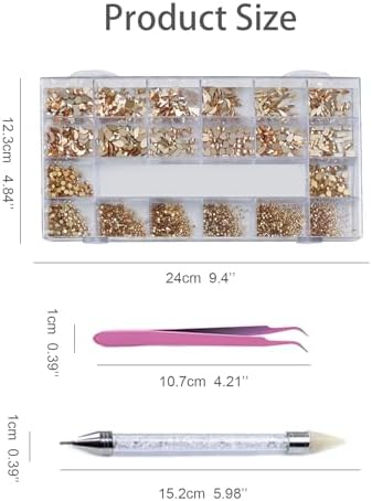 Gold Rhinestones for Nails, 6080Pcs Gold Nail Art Rhinestones Kit, 3D Flatback Crystals Diamonds for Nail Art Design, Mix Sizes Nail Charms and Gems(Picking Pen and Tweezers Included)