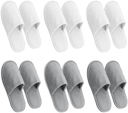 AQUEENLY 6 Pairs Disposable Spa Slippers for Guests, Hotel Slippers, Non-Slip Indoor Slippers for Women & Men, White Grey, Size 9.5-10.5 Women/11-11.5 Men