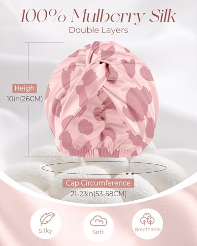 Silk Bonnet for Women - Mulberry Silk Sleep Cap for Hair Care with Eye Mask & Scrunchie 19 Momme Night Cap Sleeping Set with Elastic Stay On Head, Leopard