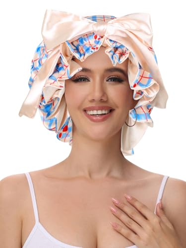 Cute Adjustable Silk Bonnet for Sleeping Double Layer Satin Cap Hair Sleep Bonnet for Curly Hair Cherry Blue