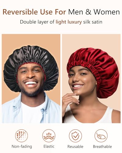 mikimini Satin Bonnet Pack of 2 for Men and Women, Reversible Double Layer Sleeping Silk Bonnet for Curly Hair Braids with Anti-Slip Adjustable Widened Elastic Band Super Large Soft (XL, Black/Red)