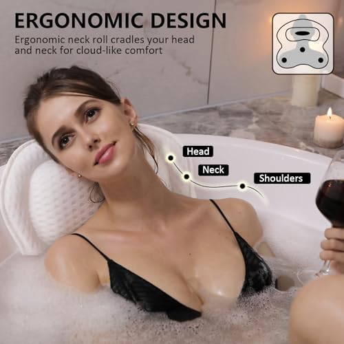 Bath Pillow for Bathtub, 4-Inch Thick Ergonomic Head Neck Support, 6 Strong Suction Cups, Breathable 4D Air Mesh – Machine Washable, Quick Dry, Luxury Spa Accessories (White, 17.3” x 16.7”)