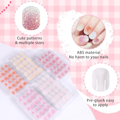 SIUSIO 120Pcs 5 Pack Press on Nails kids Children Acrylic Fake Nails Cute Pre-glue Full Cover Gradient Color Rainbow Short Stick On False Nail Art Kits Set for Kids Little Girls - Colorful Glitter